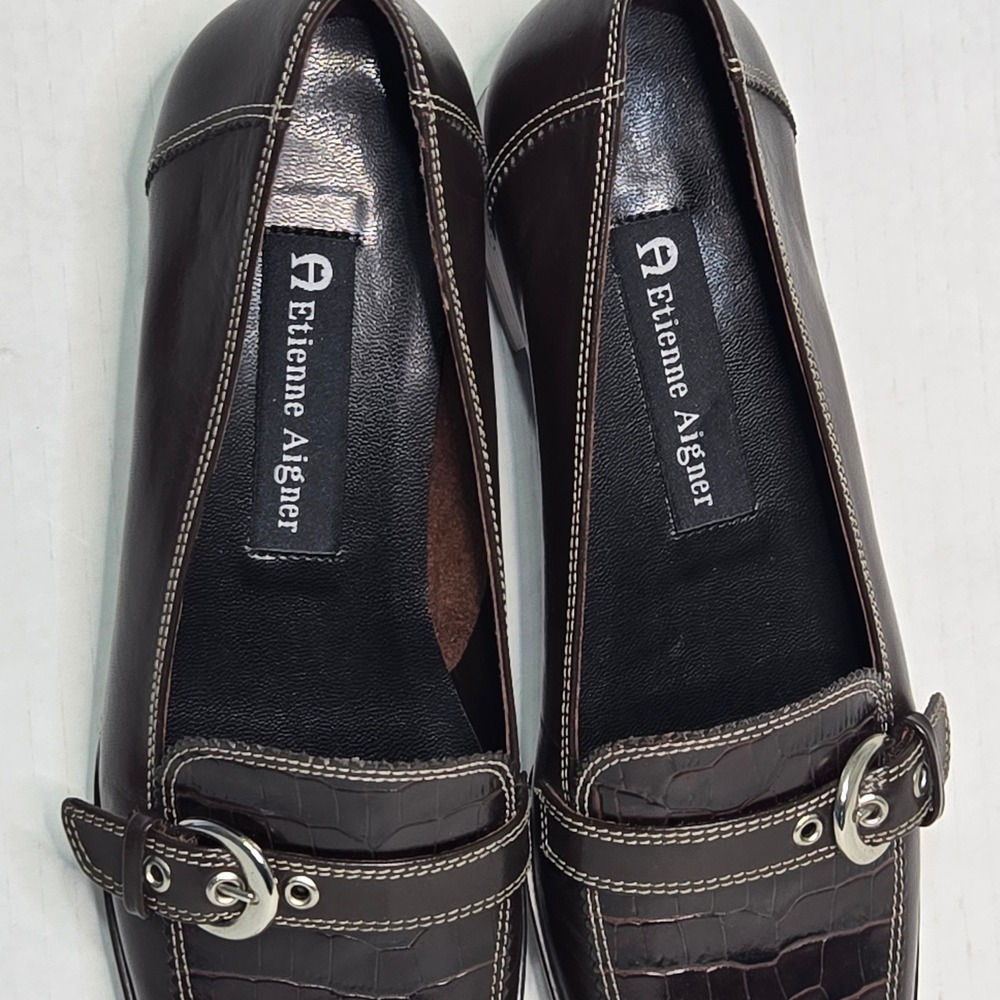 Etienne Aigner Jules Dark Brown Leather Croc Embossed Buckle Loafers 6M - Picture 6 of 10